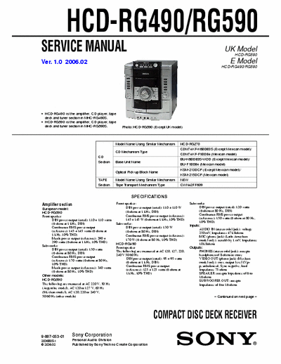 Sony HCD-490_590 Service Manual Compact Disck Deck Receiver.Similar Model MHC-RG490S MHC-RG590S